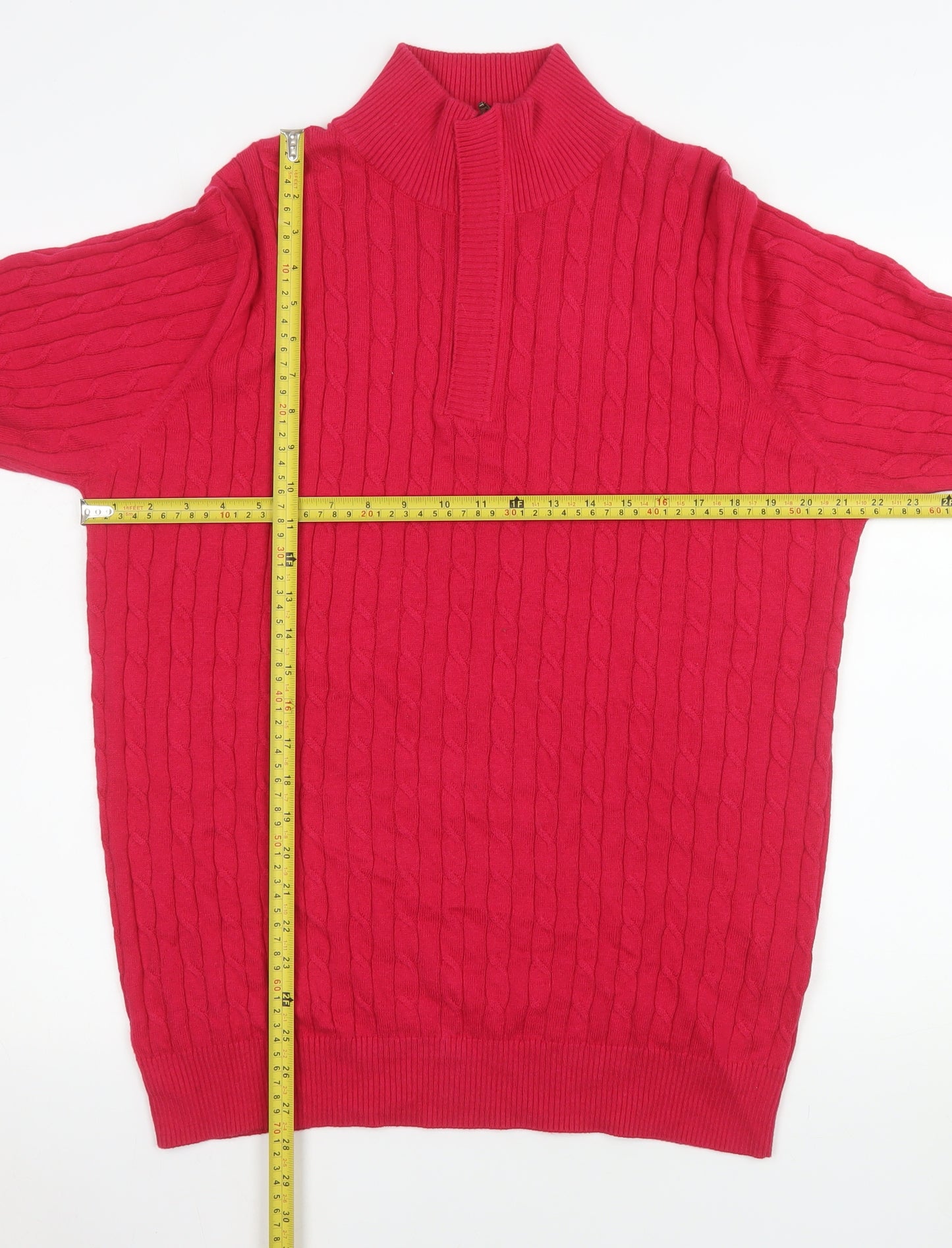 WoolOvers Women Red Cable-Knit Half Zip Jumper M Cotton Cashmere