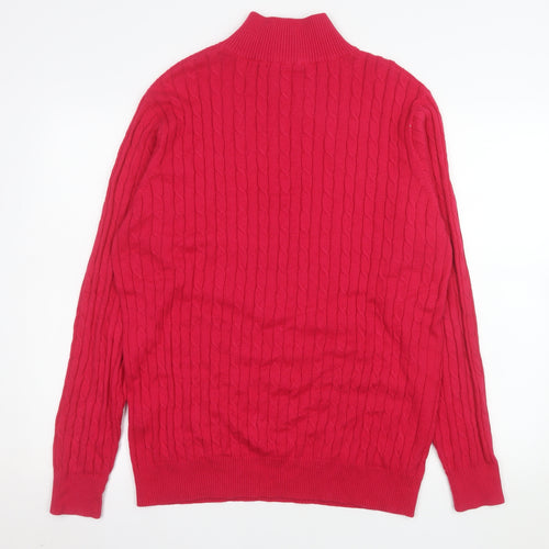 WoolOvers Women Red Cable-Knit Half Zip Jumper M Cotton Cashmere