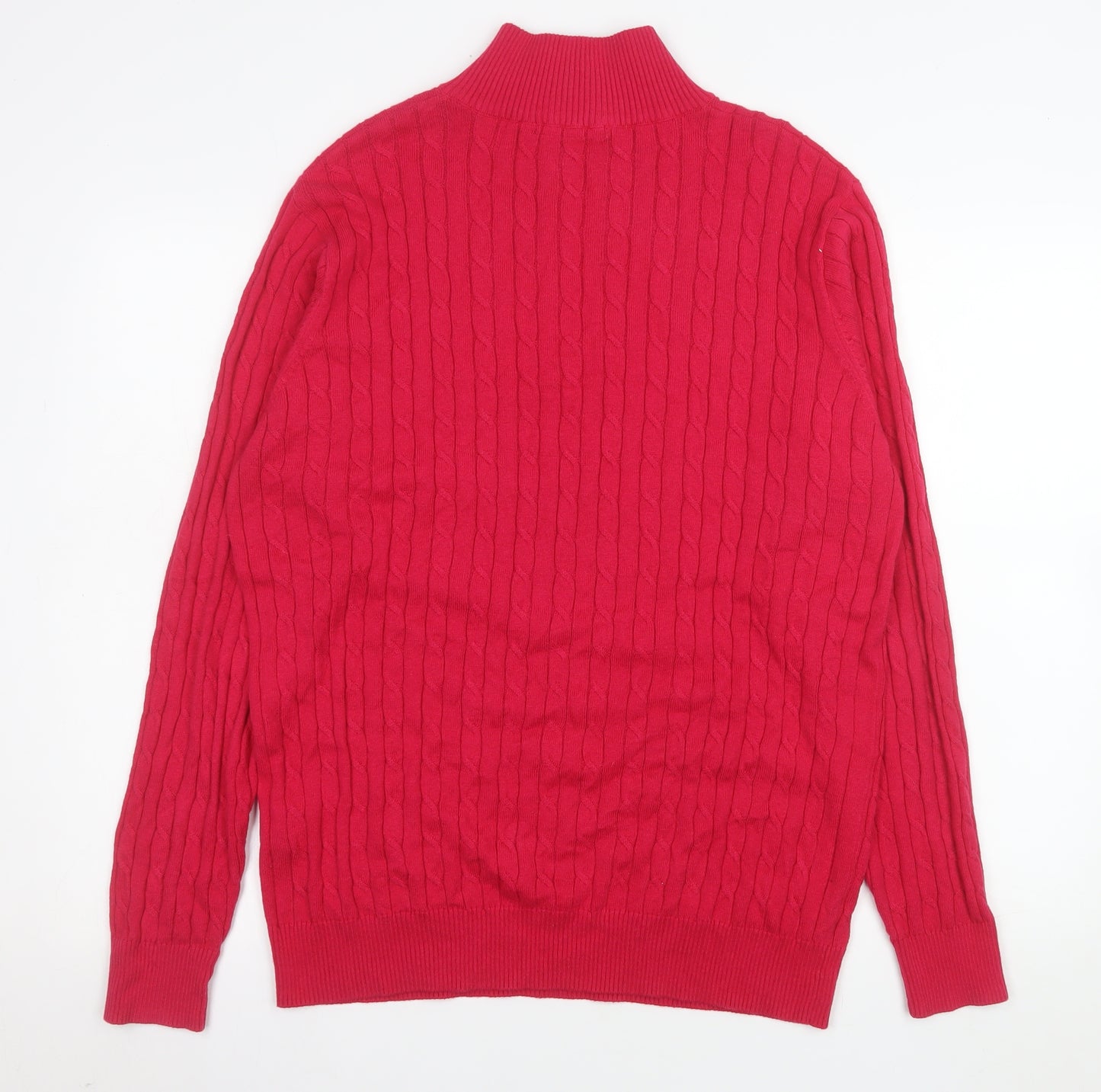 WoolOvers Women Red Cable-Knit Half Zip Jumper M Cotton Cashmere