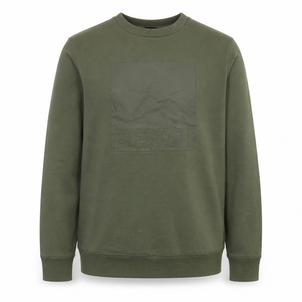 Front view of Bench Men's Green Pullover Crew Neck Logo Sweatshirt, size M