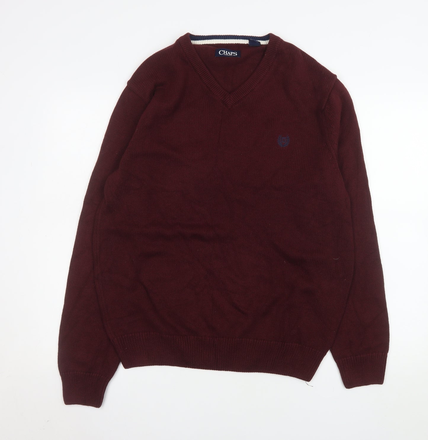 Chaps Men's Red V-Neck Cotton Jumper Size M Classic Knitwear
