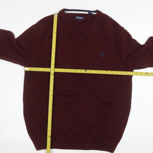 Chaps Men's Red V-Neck Cotton Jumper Size M Classic Knitwear
