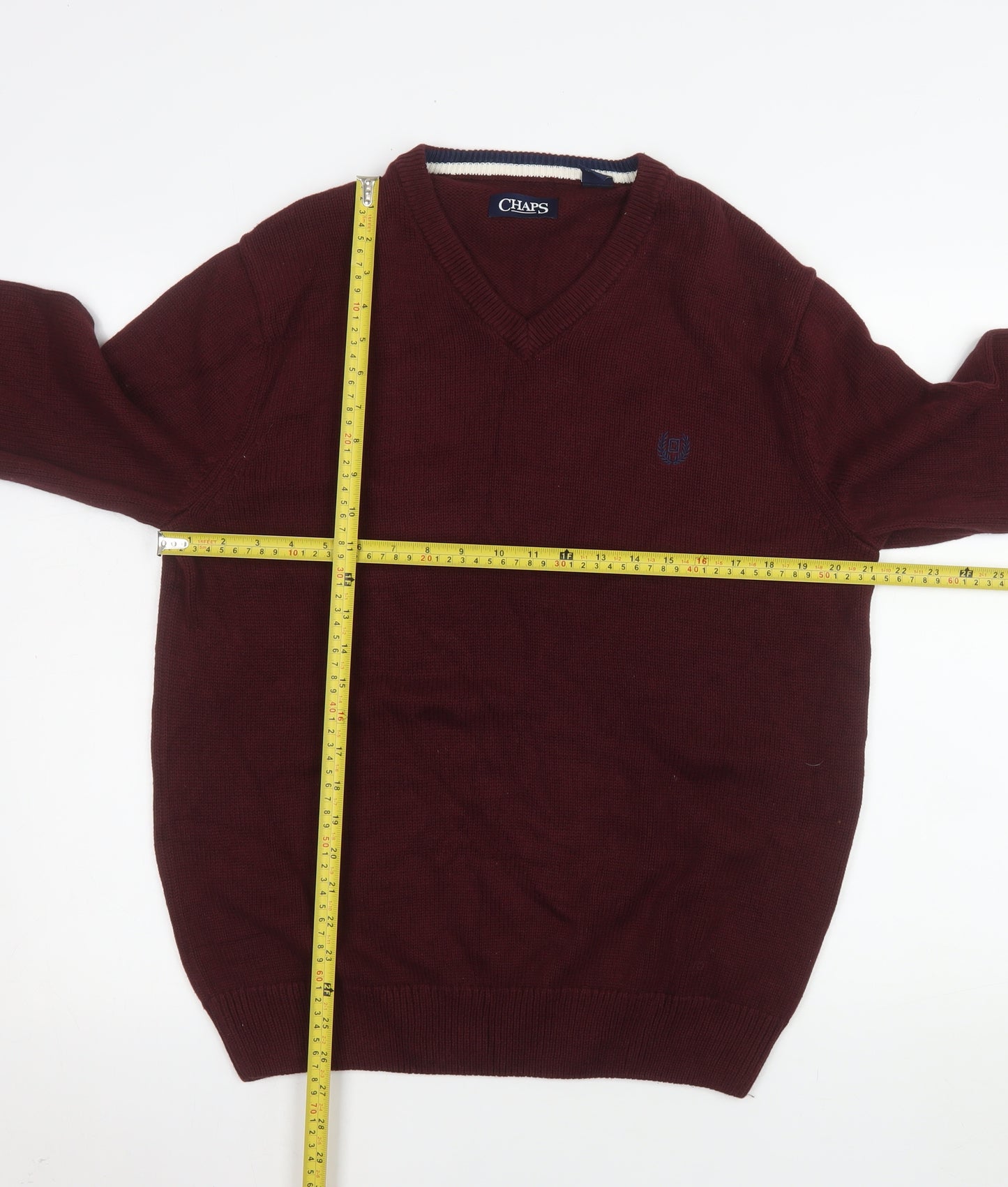 Chaps Men's Red V-Neck Cotton Jumper Size M Classic Knitwear