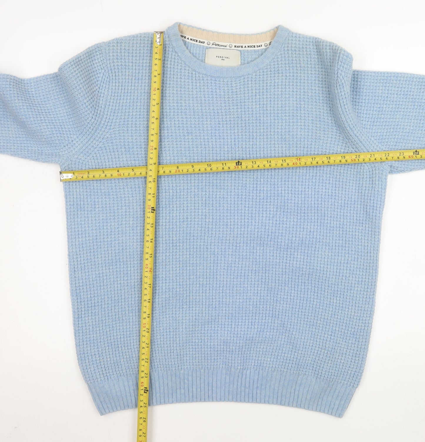 Percival Women Blue Wool Waffle-Knit Crew Neck Jumper Size S