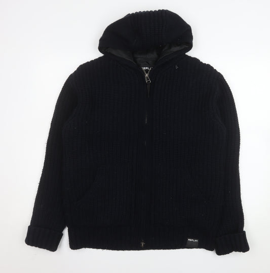 Replay Men’s Black Knit Hooded Lined Full Zip Winter Jacket Size L