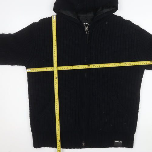 Replay Men’s Black Knit Hooded Lined Full Zip Winter Jacket Size L