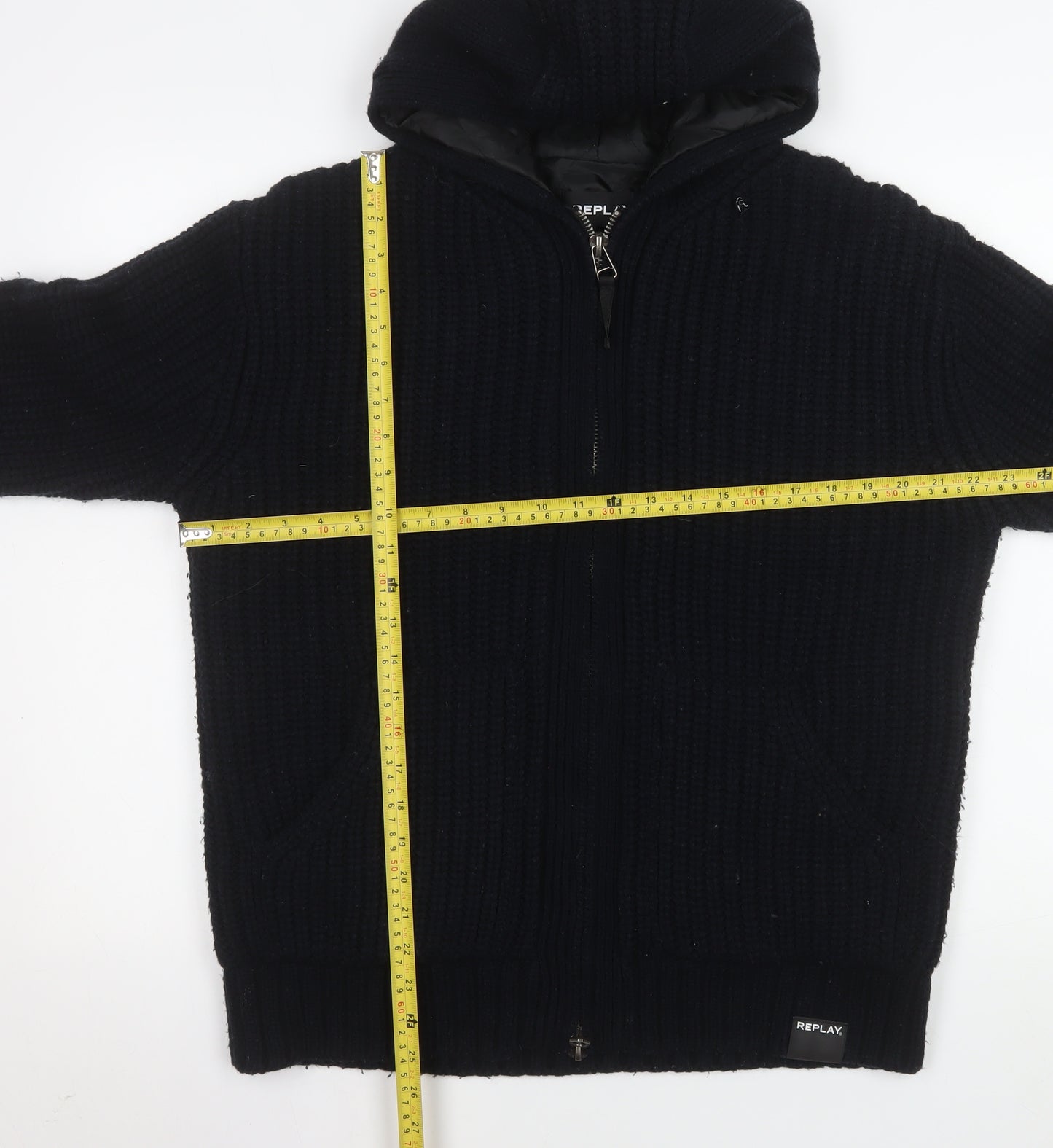 Replay Men’s Black Knit Hooded Lined Full Zip Winter Jacket Size L
