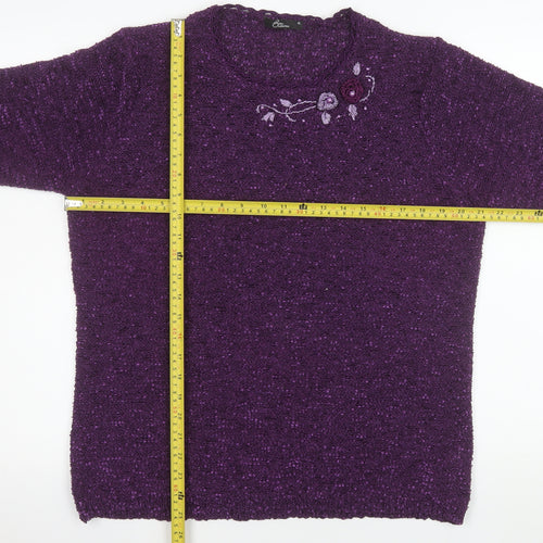 BM Collection Women Purple Embroidered Pullover Jumper XL Polyester
