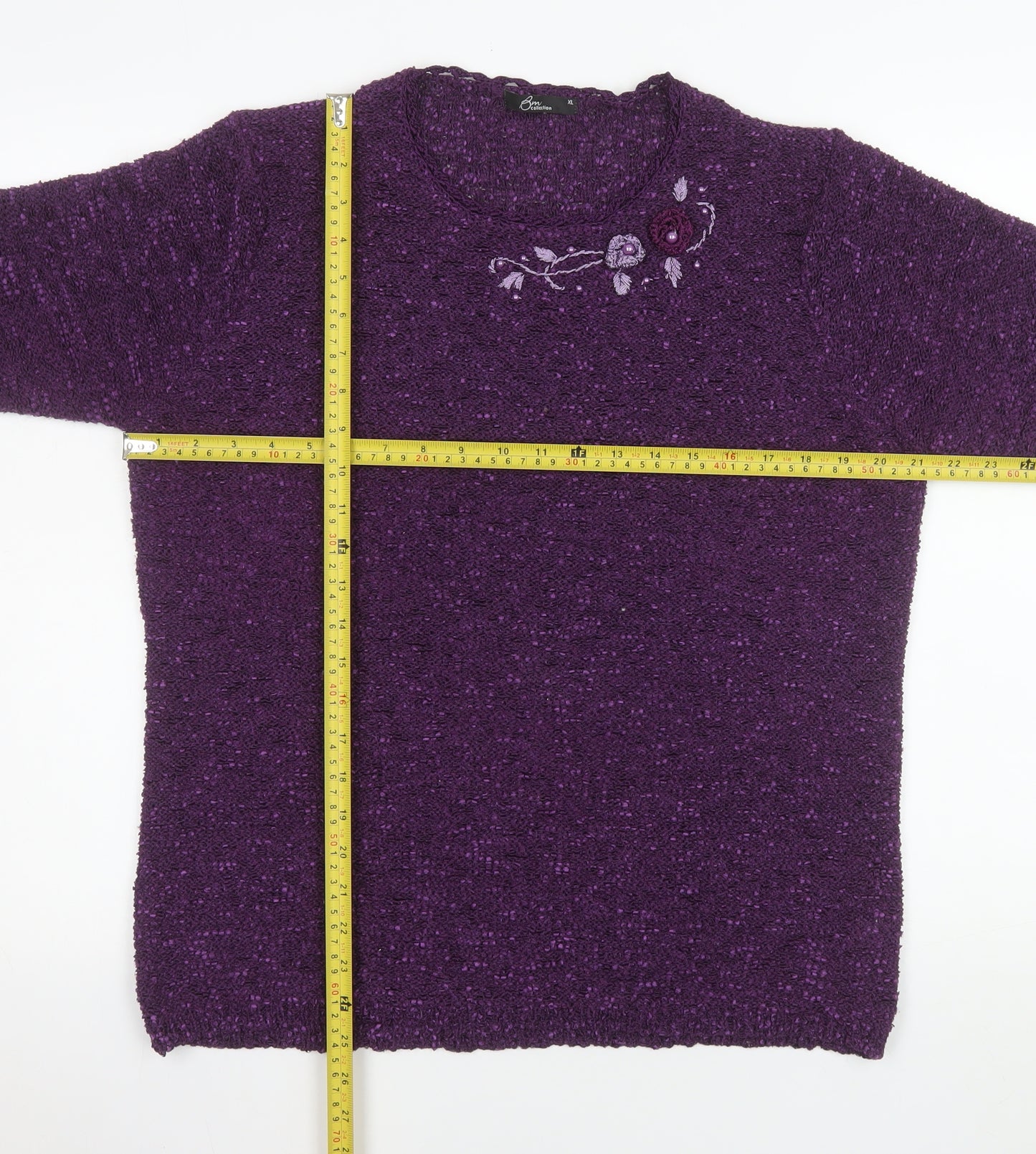 BM Collection Women Purple Embroidered Pullover Jumper XL Polyester