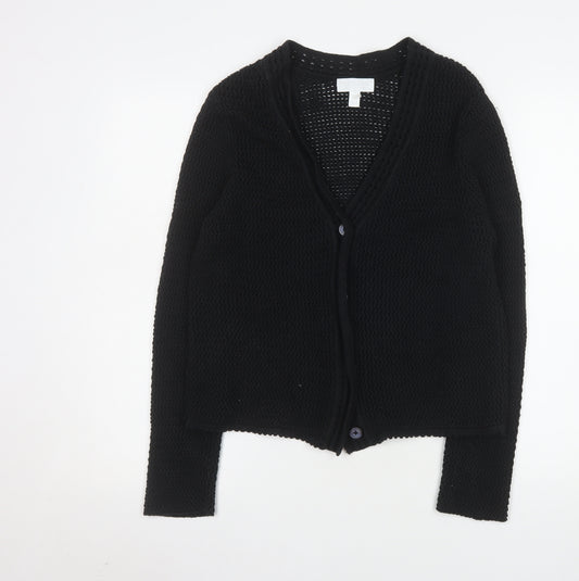 The White Company Women Black Small Open-Knit V-Neck Cardigan