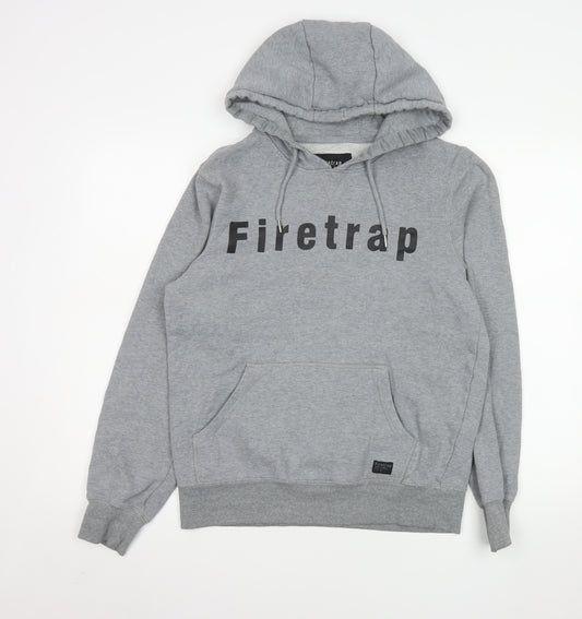 Firetrap Mens Grey Pullover Hoodie Medium Logo Fleece Sweatshirt