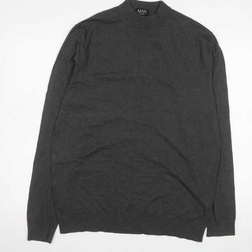 boohooMAN Men's Grey Mock Neck Long Sleeve Lightweight Pullover Jumper XL