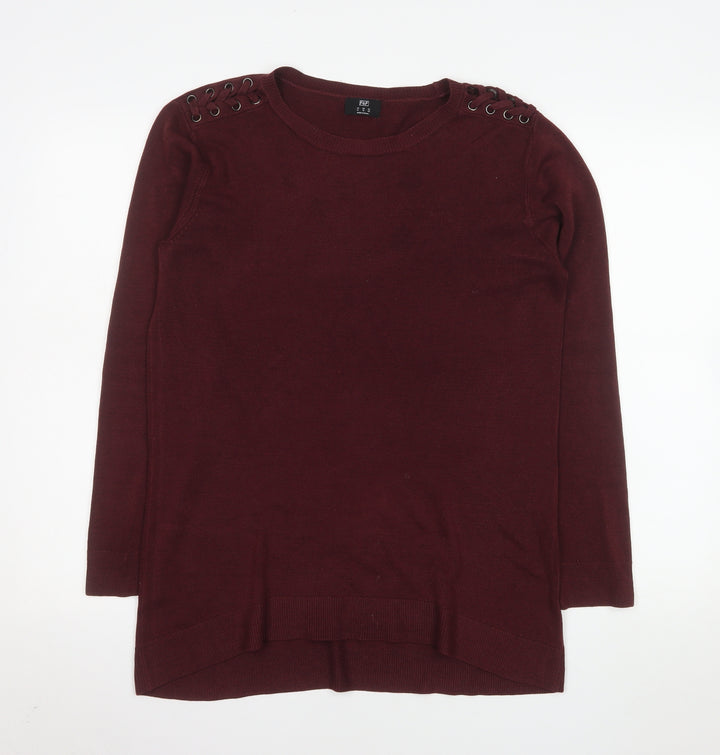F&F Women Burgundy Long Sleeve Jumper UK 14 Eyelet Detail Knit