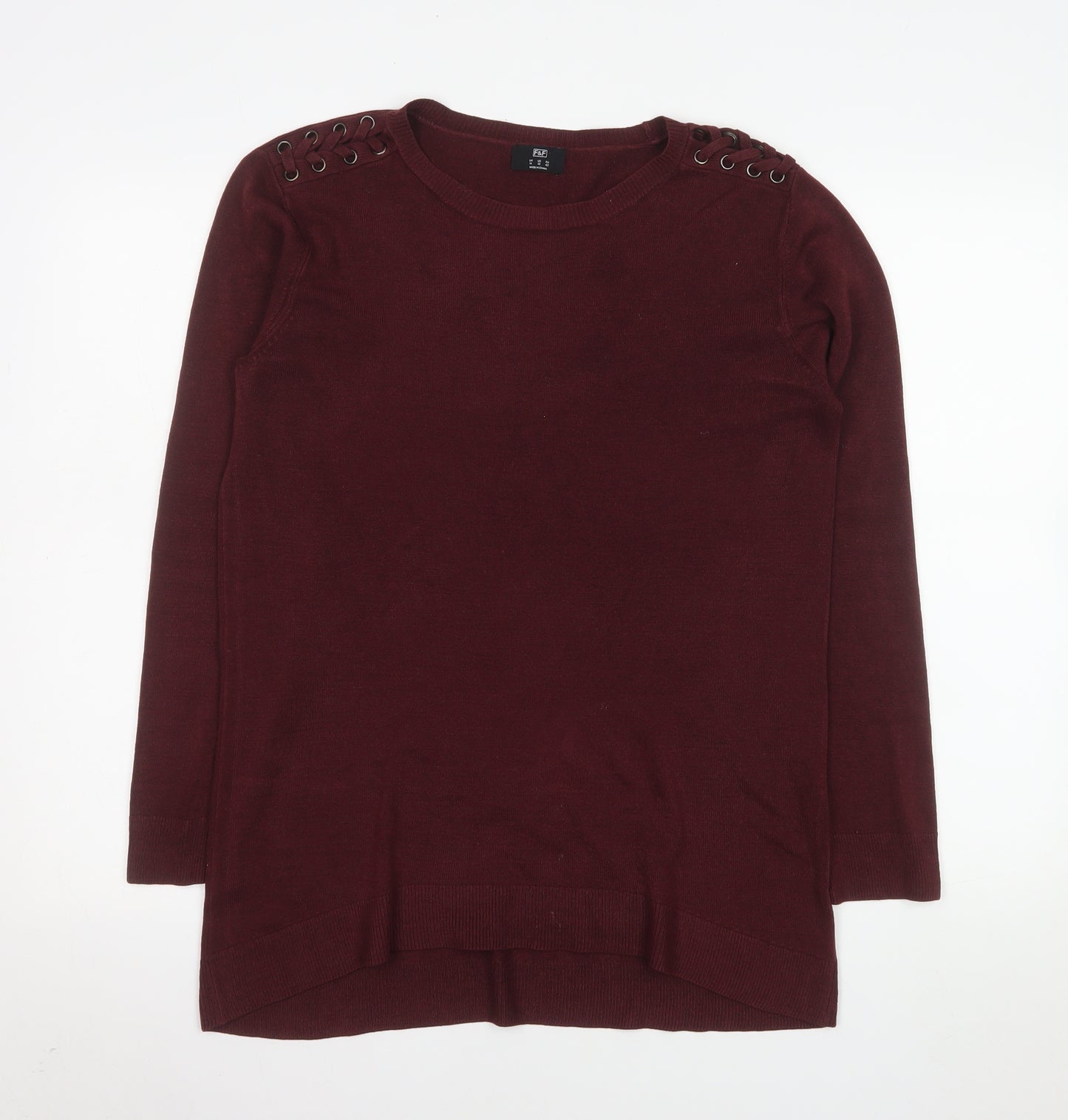 F&F Women Burgundy Long Sleeve Jumper UK 14 Eyelet Detail Knit