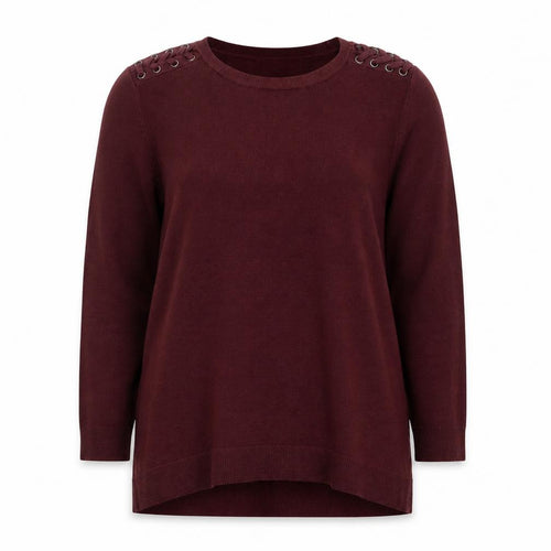 F&F Women Burgundy Long Sleeve Jumper UK 14 Eyelet Detail Knit