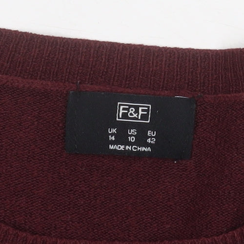 F&F Women Burgundy Long Sleeve Jumper UK 14 Eyelet Detail Knit