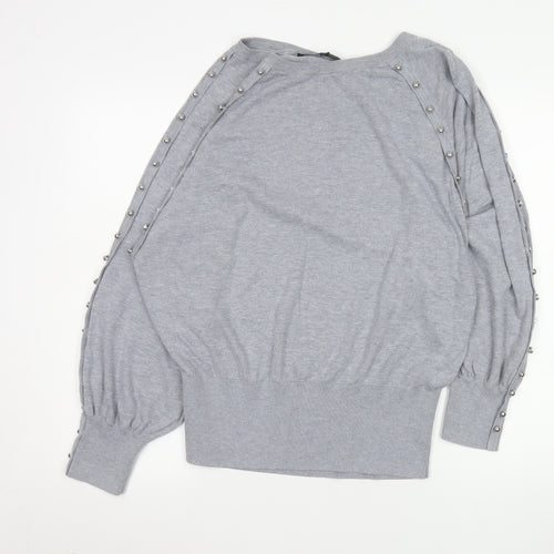 French Connection Women's Grey Studded Boat Neck Jumper XL