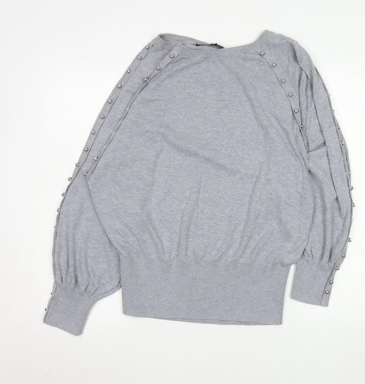 French Connection Women's Grey Studded Boat Neck Jumper XL