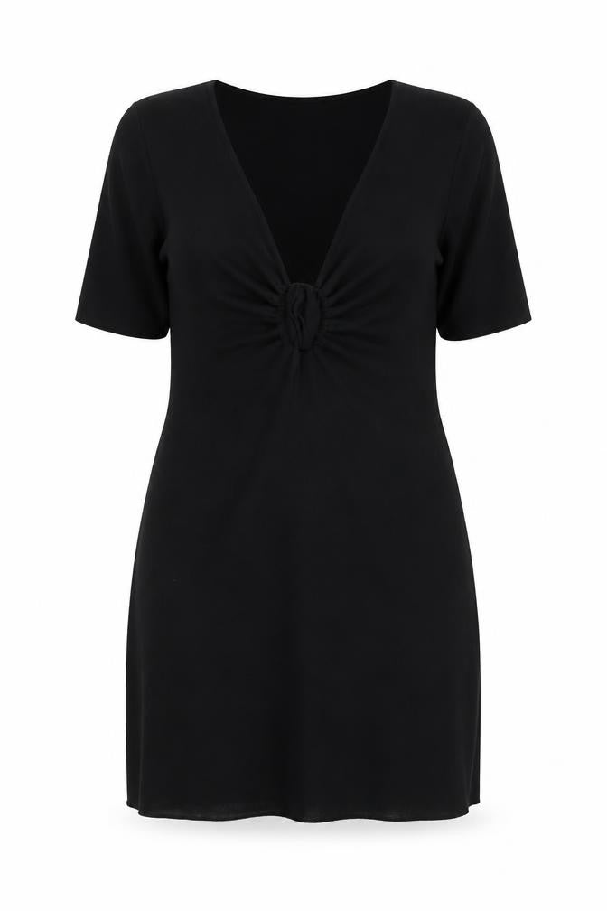 Mango Women's Black Short Sleeve Ruched Bodycon Dress Size 16