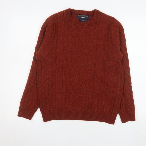Paul Costelloe Men's Brown Lambswool Blend Cable-Knit Jumper L