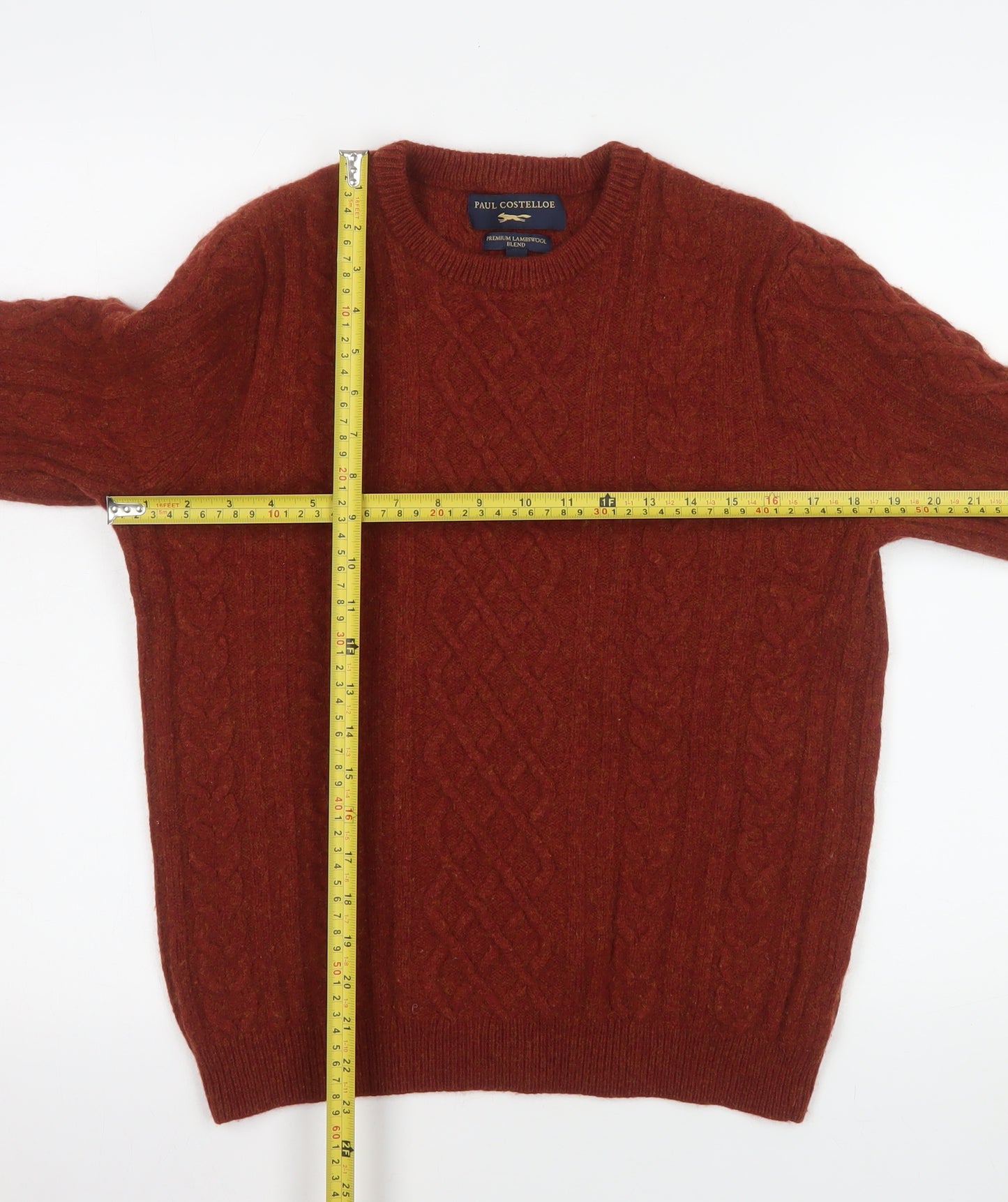 Paul Costelloe Men's Brown Lambswool Blend Cable-Knit Jumper L