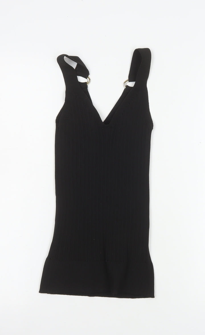 River Island Women Black Slim Knit V-Neck Tank Top M