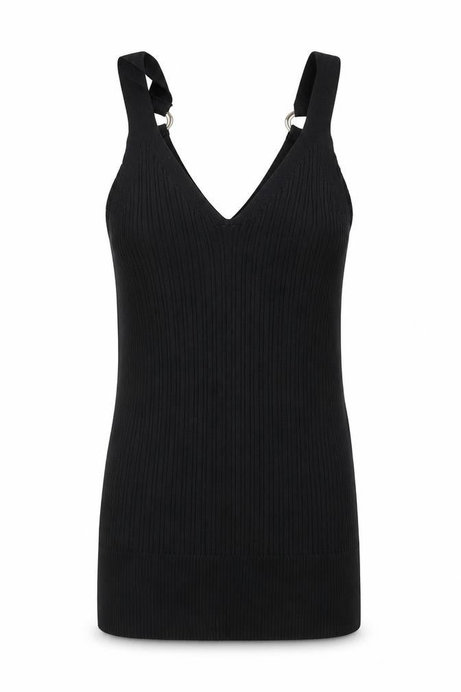 River Island Women Black Slim Knit V-Neck Tank Top M