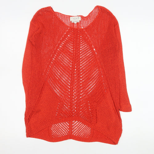 Next Women Red Open-Knit 3/4 Sleeve Scoop Pullover Jumper Size 8