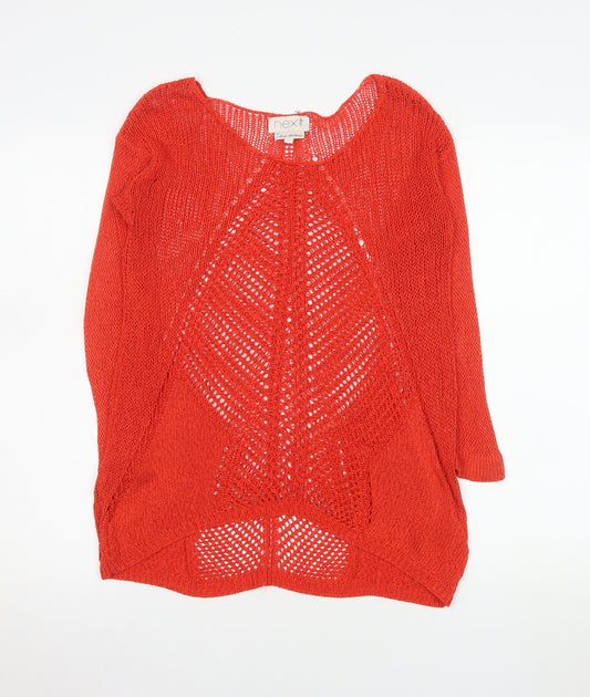 Next Women Red Open-Knit 3/4 Sleeve Scoop Pullover Jumper Size 8