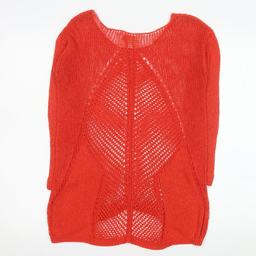 Next Women Red Open-Knit 3/4 Sleeve Scoop Pullover Jumper Size 8