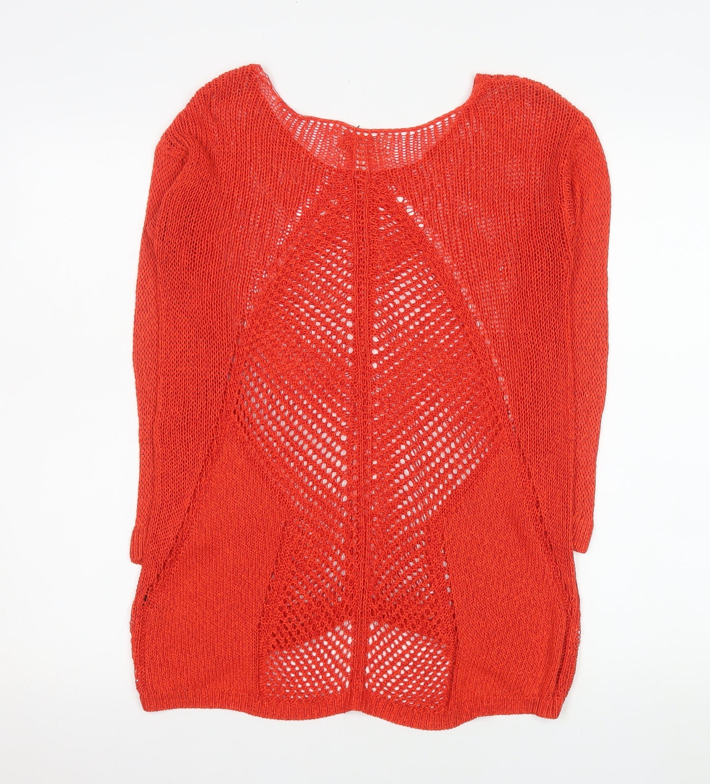 Next Women Red Open-Knit 3/4 Sleeve Scoop Pullover Jumper Size 8