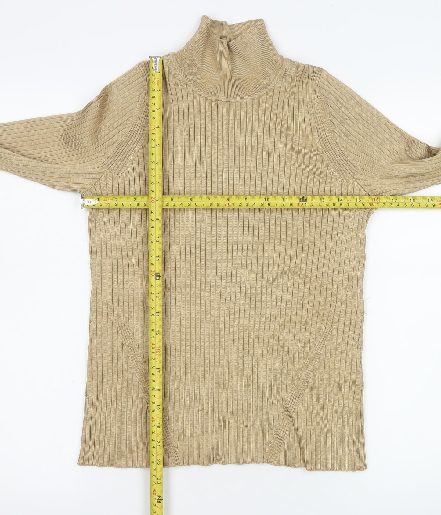 Jaeger Women’s Beige Roll Neck Ribbed Jumper M