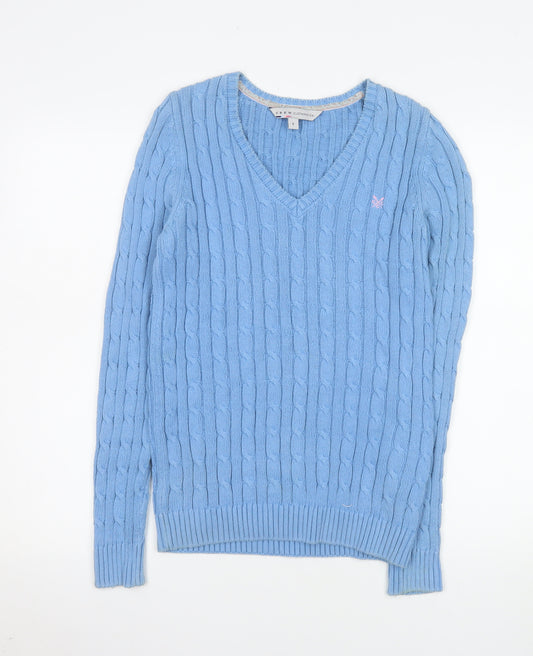 Crew Clothing Co. Women's Blue V-Neck Cable-Knit Jumper Size 8