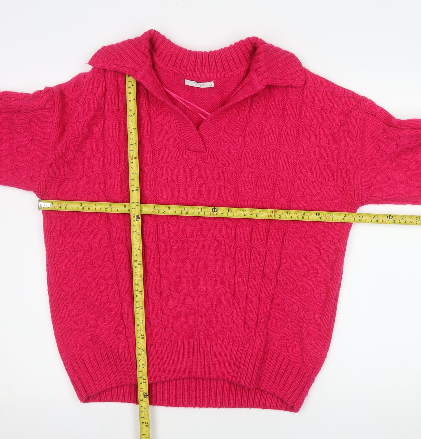 Tu Women’s Pink Collared Cable Knit Pullover Jumper Size 14