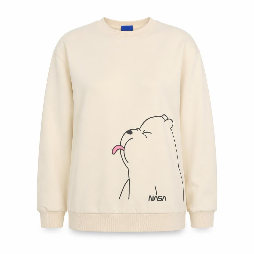 Street Fashion Women Beige NASA Bear Graphic Pullover Sweatshirt M