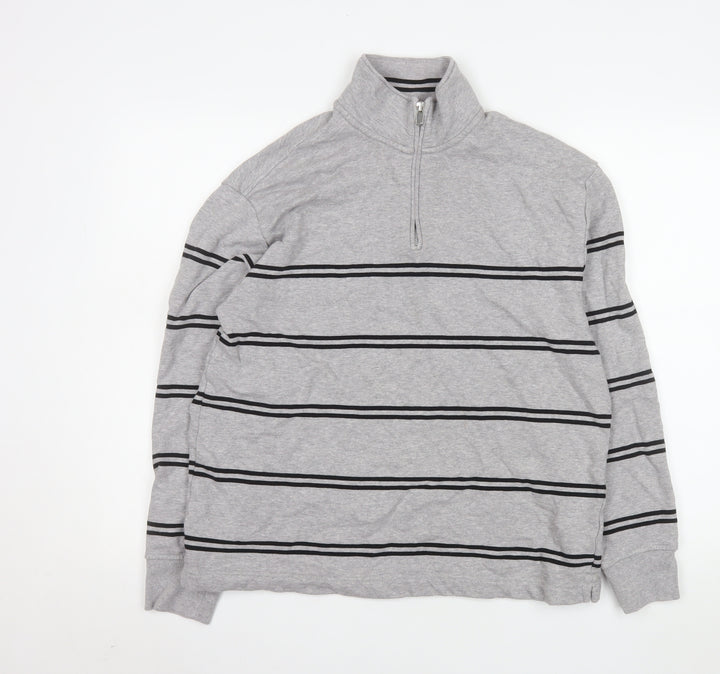 Marks and Spencer Men's Grey Striped 1/4 Zip Sweatshirt M