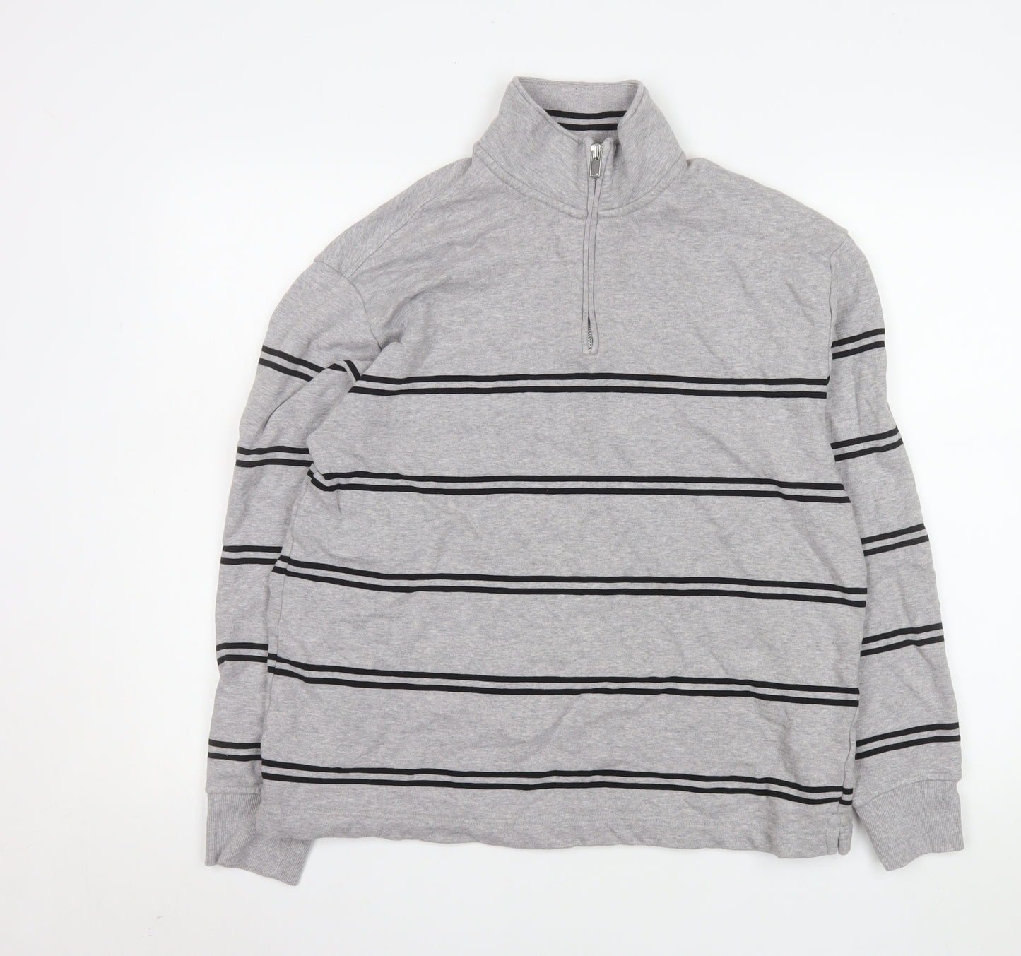 Marks and Spencer Men's Grey Striped 1/4 Zip Sweatshirt M
