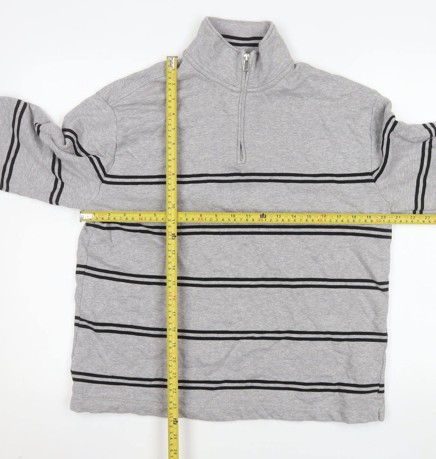 Marks and Spencer Men's Grey Striped 1/4 Zip Sweatshirt M