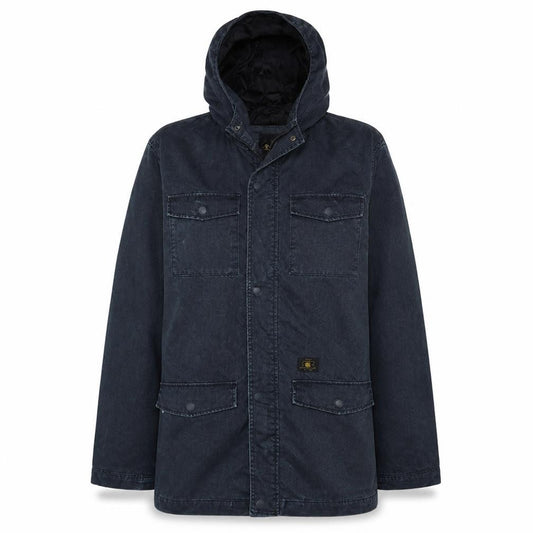 Front view of DC women’s blue cotton blend hooded parka jacket, size UK 16