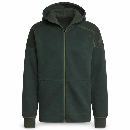 Front view of Adidas Men's Green Full Zip Hoodie, size S, Regular Fit Fleece