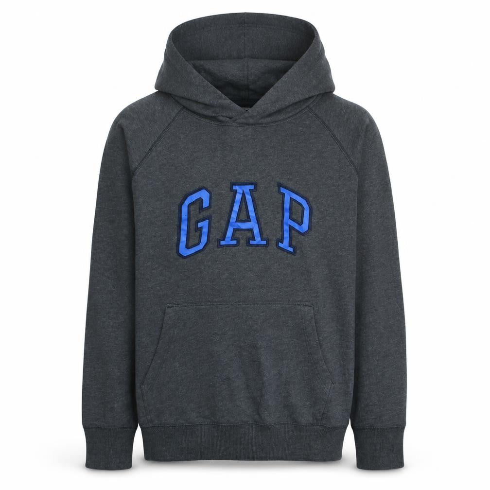 Front view of Gap Men's Grey Pullover Hoodie Small College Logo Fleece Sweatshirt