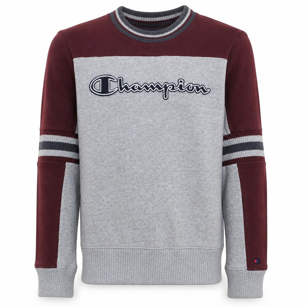 Front view of Champion Men’s Grey Burgundy Crew Neck Sweatshirt Medium Pullover Logo