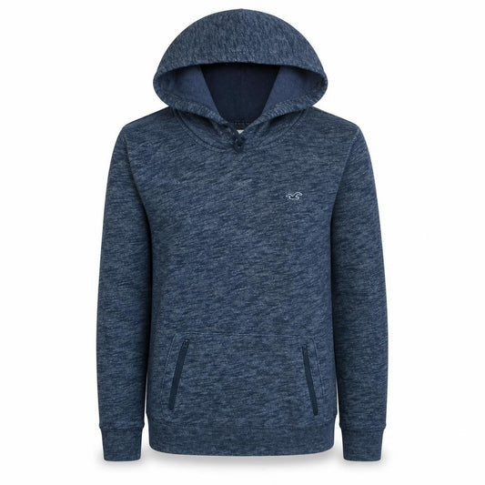 Front view of Hollister Men's Blue Pullover Hoodie, size M, Logo Zip Pocket Fleece