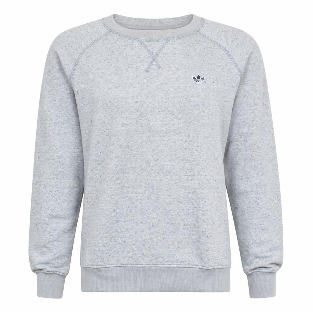 Front view of Adidas men’s grey crew neck pullover sweatshirt, size M