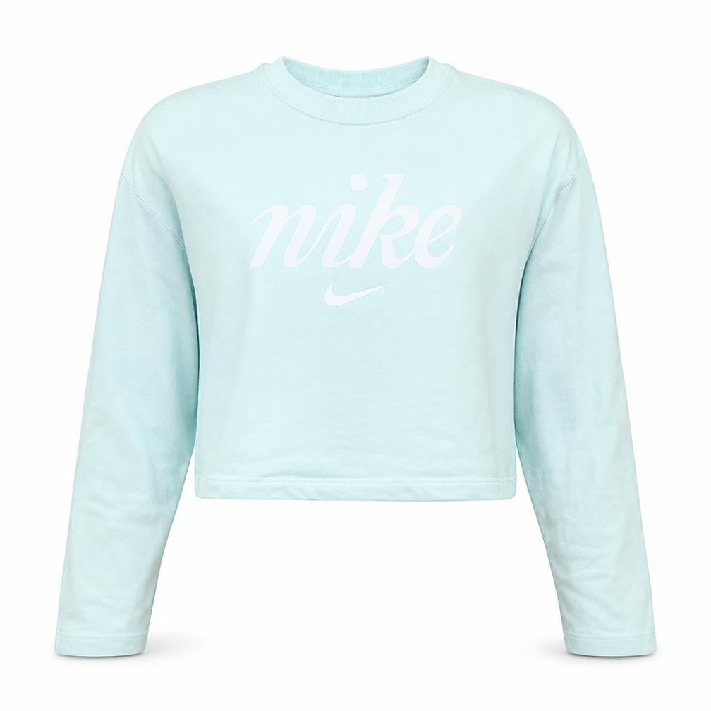 Front view of Nike women’s mint green cropped pullover sweatshirt, size M
