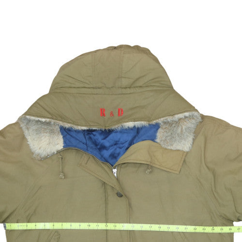 René Derhy Women’s Beige Embroidered Parka Coat Size L Hooded Winter