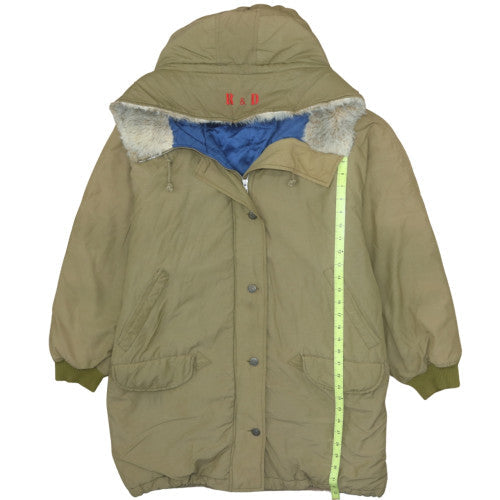 René Derhy Women’s Beige Embroidered Parka Coat Size L Hooded Winter