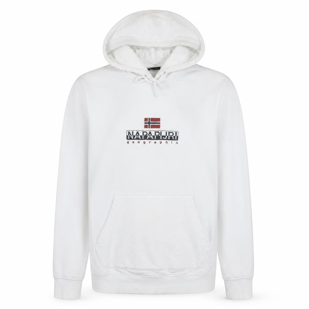 Front view of Napapijri men’s white pullover hoodie m regular fit logo fleece