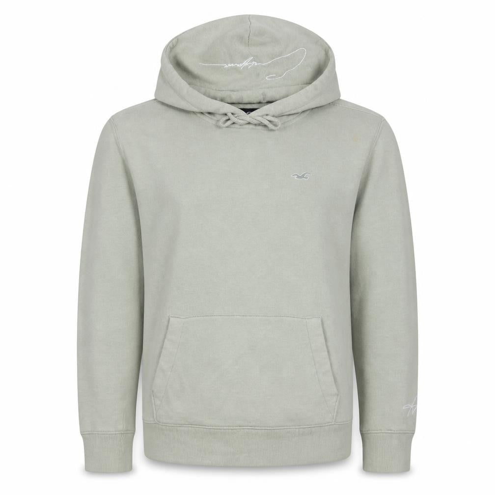 Front view of Hollister Men’s Beige Pullover Hoodie XS Embroidered Logo