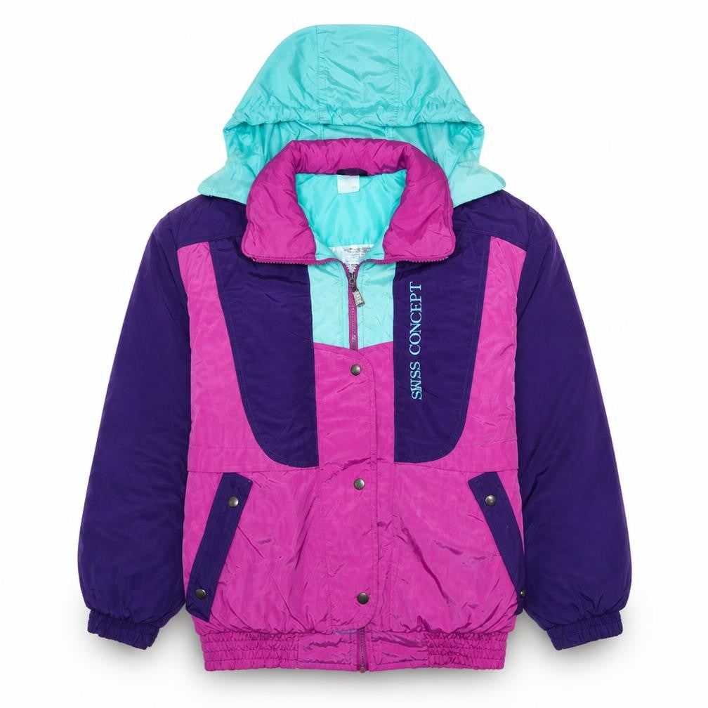 Swiss Concept Women's Multicoloured Ski Jacket Hooded M Retro 90s Winter Coat